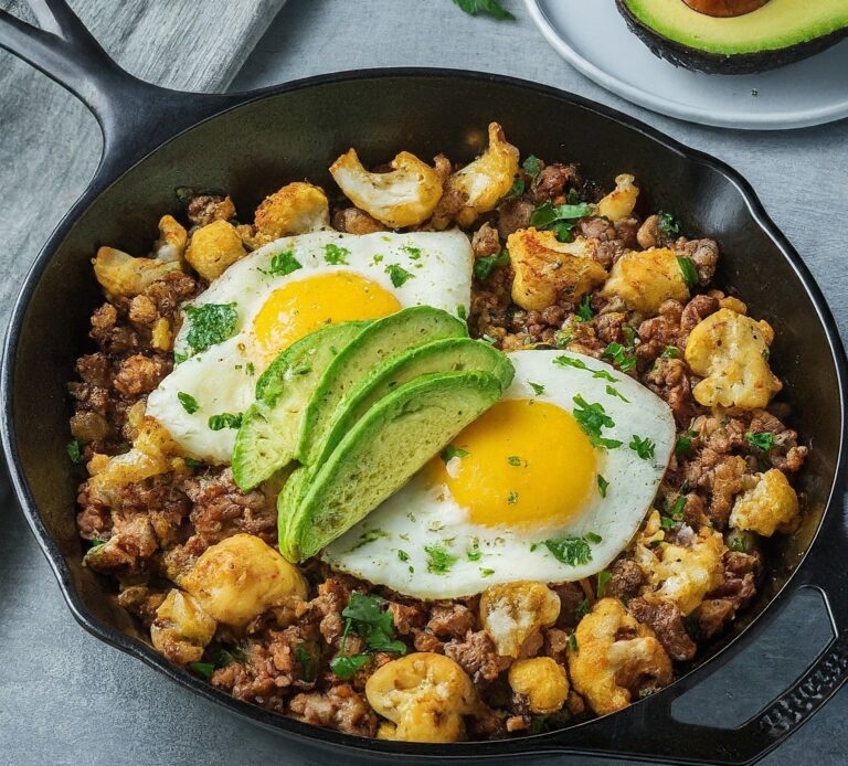 A close-up photo of a skillet filled with Cauliflower Hash with Sausage & Eggs. The hash features golden brown cauliflower florets, cooked sausage crumbles, fluffy scrambled eggs, and a sprinkle of fresh parsley. A sliced avocado sits beside the skillet.