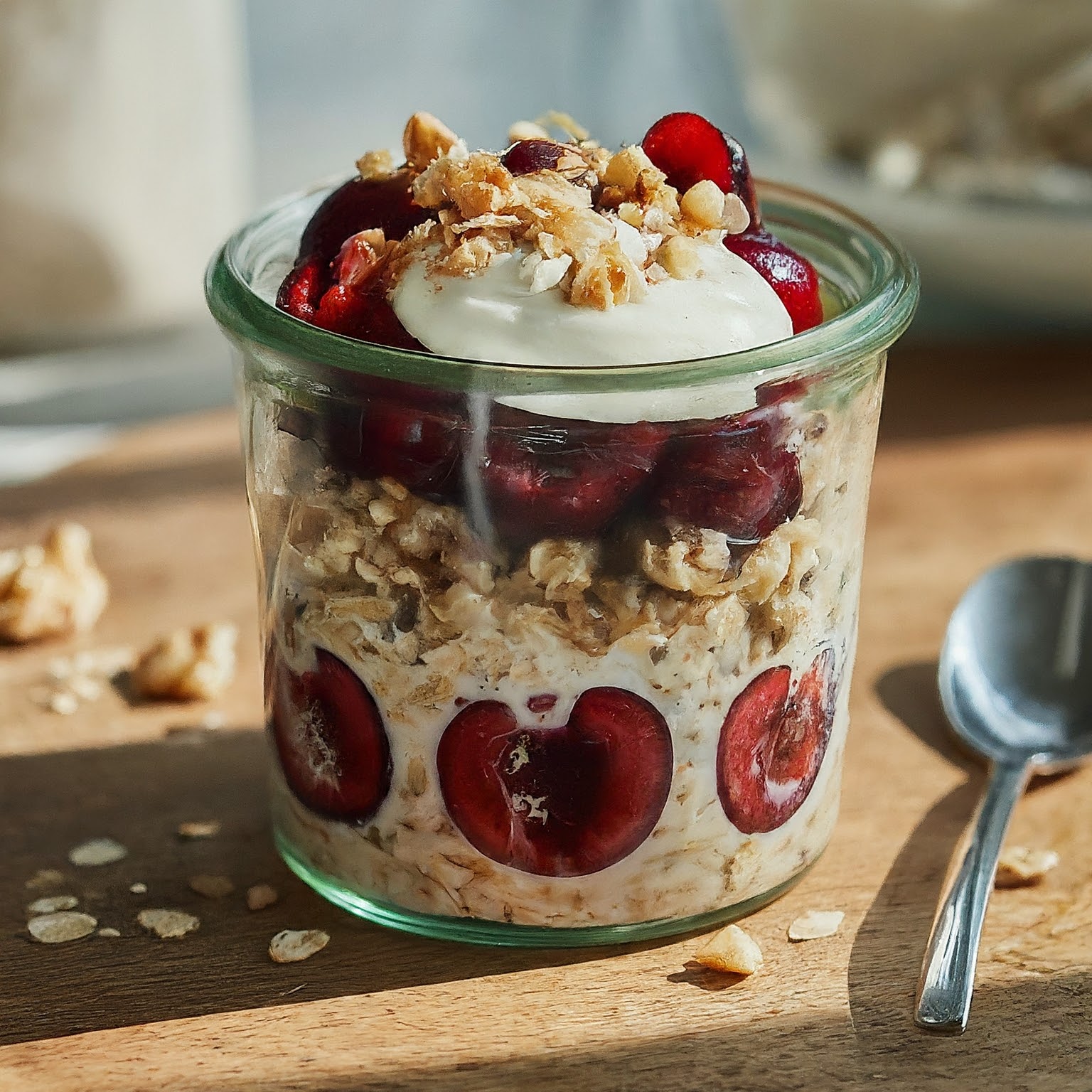 A close-up of a glass jar filled with Cherry-Walnut Overnight Oats layered with oats, walnuts, and fresh cherries. A dollop of yogurt and a spoon rest beside the jar. Sunlight shines through the background.