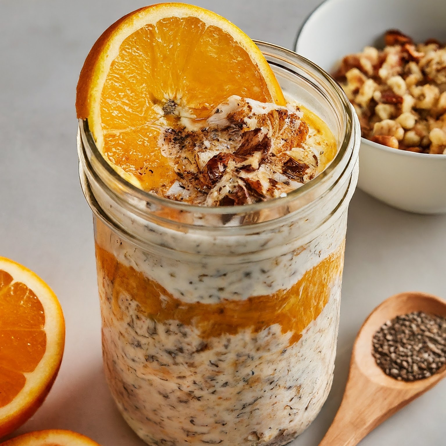 A close-up photo of a glass jar filled with Citrus-Spiced Overnight Oats layered with oats, chia seeds, and a slice of orange. The yogurt, orange juice, and spices create a light orange color. A wooden spoon rests beside the jar, and a bowl in the background displays a serving topped with orange slices and nuts.