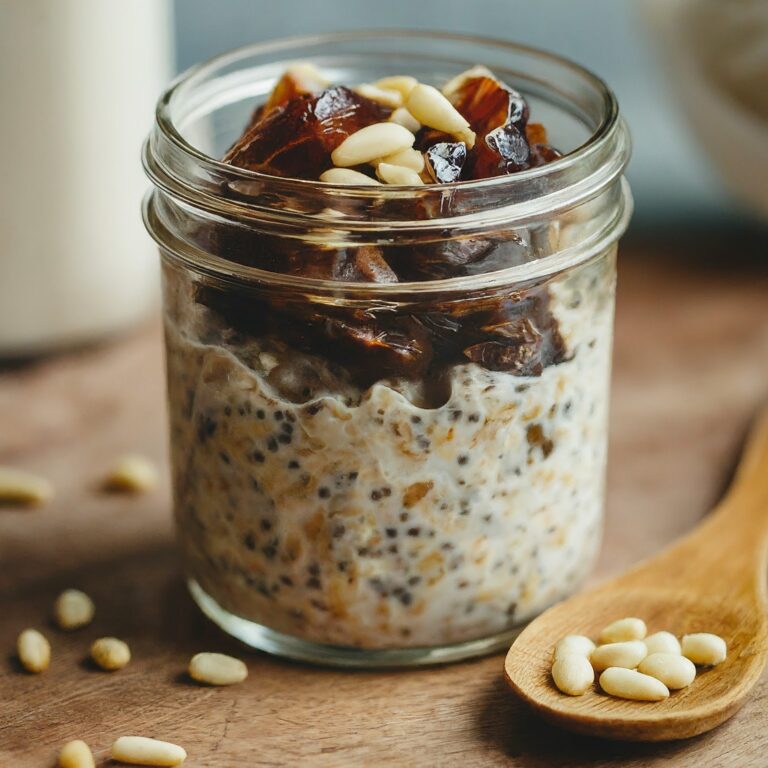 A close-up photo of a sliced Date & Pine Nut Overnight Oats in a glass jar. The oats are layered with visible rolled oats, chia seeds, chopped dates, and chopped pine nuts. The milk and cinnamon are well-combined, creating a light brown color. A wooden spoon rests beside the jar.