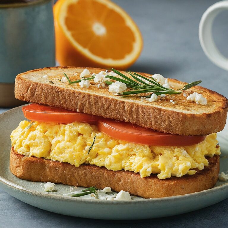 A close-up photo of a halved Egg Sandwich with Rosemary, Tomato & Feta on a plate. The sandwich features toasted bread layered with scrambled egg, sliced tomato, crumbled feta cheese, and a sprinkle of fresh rosemary. A cup of coffee and a fresh orange sit beside the plate.