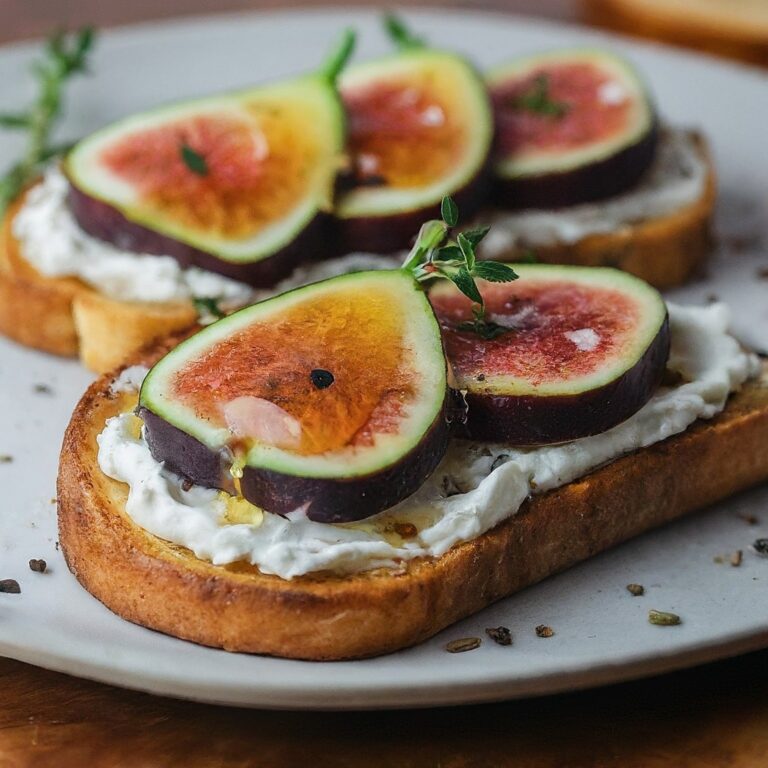 Two slices of toasted bread topped with creamy ricotta cheese, sliced fresh figs, a drizzle of honey, and a sprinkle of black pepper and flaky sea salt. A sprig of fresh thyme adds a touch of elegance.