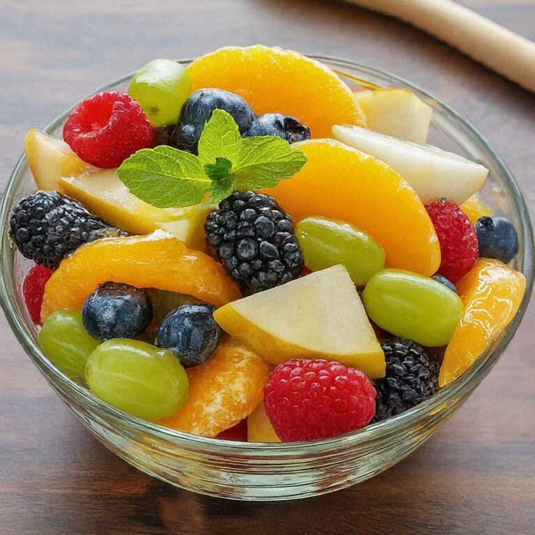 A close-up view of a glass bowl overflowing with a colorful fruit salad. The salad features a variety of chopped fruits including strawberries, blueberries, raspberries, apple, pear, mango, orange segments, and green grapes. A light citrus honey dressing is drizzled over the top, and a sprig of mint adds a pop of green. A wooden spoon rests beside the bowl, ready to serve this refreshing and delightful fruit salad