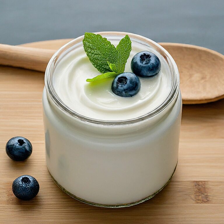 A close-up photo of a glass jar filled with homemade plain yogurt. The yogurt is smooth and creamy with a slight separation of whey at the top. A sprig of mint and a few blueberries are placed on top for garnish. A wooden spoon rests beside the jar.