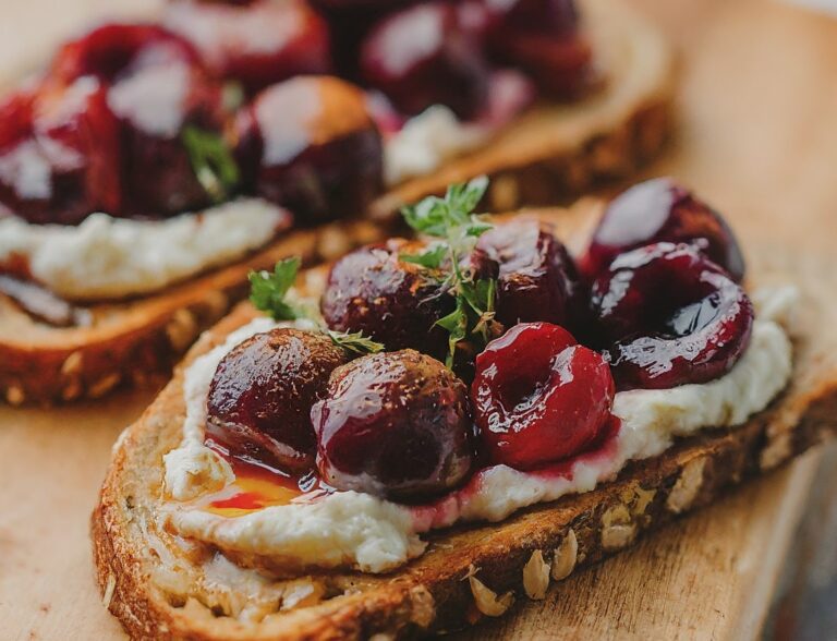 A close-up photo of a Honey-Roasted Cherry & Ricotta Tartine on a cutting board. It features toasted bread, creamy ricotta cheese, and honey-roasted cherries, sprinkled with cinnamon and garnished with a thyme sprig.