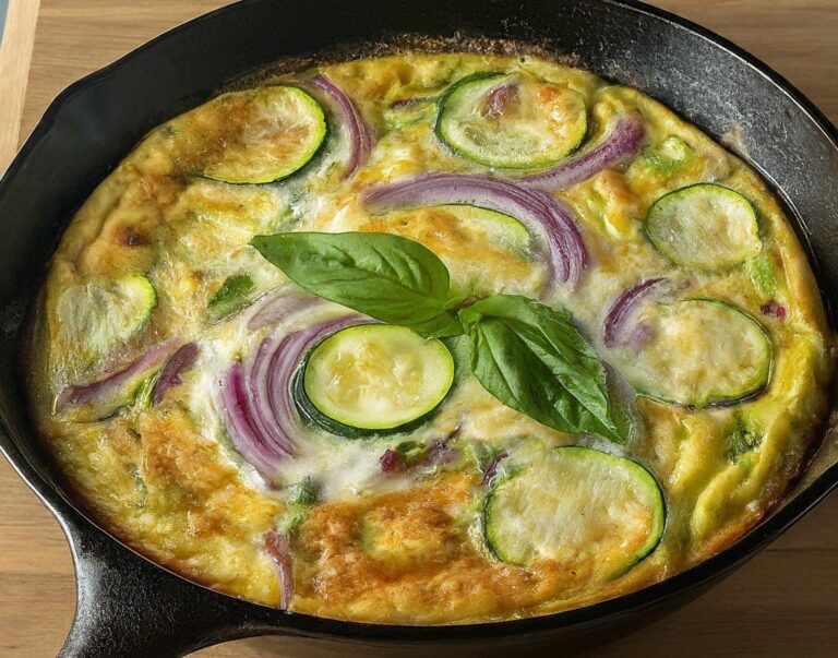 A close-up photo of a golden brown Mozzarella, Basil & Zucchini Frittata in a cast-iron skillet. It's filled with zucchini, red onion, and melted mozzarella cheese, and garnished with fresh basil leaves.