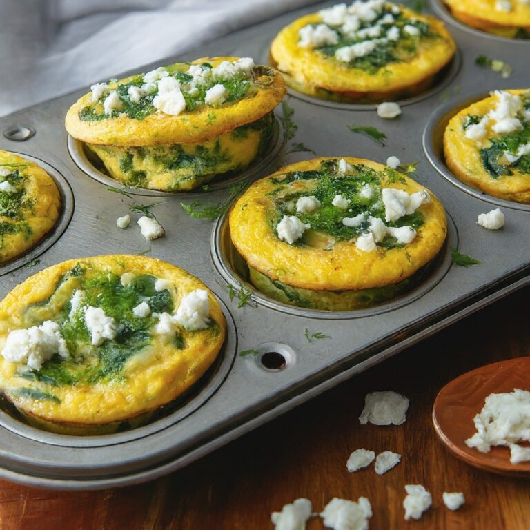 A close-up photo of a muffin tin filled with golden brown Muffin-Tin Spanakopita Omelets. The omelets are filled with spinach and feta cheese, with a sprinkle of dill for garnish. One omelet is lifted slightly to show its fluffy texture.