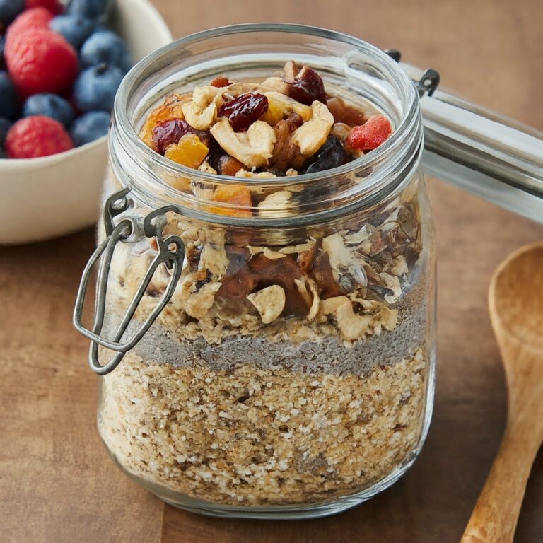 A close-up view of a glass jar filled with the colorful Quinoa & Chia Oatmeal Mix. Layers of rolled oats, quinoa, dried cranberries, chia seeds, and chopped almonds are visible. A wooden spoon rests beside the jar, and a small bowl in the background displays a prepared serving of the oatmeal topped with fresh blueberries