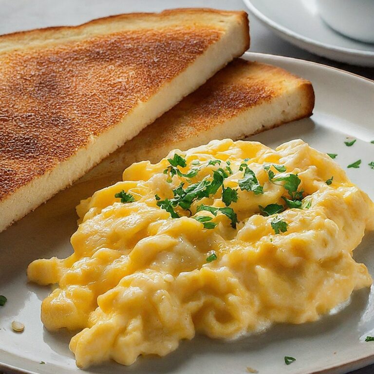 A close-up view of a plate filled with delicious Soft Scrambled Eggs. The eggs have a light yellow color and a soft, creamy texture with visible curds. A sprinkle of fresh parsley adds a pop of color, and a slice of toasted bread sits beside the eggs. A cup of coffee completes the breakfast scene in the background