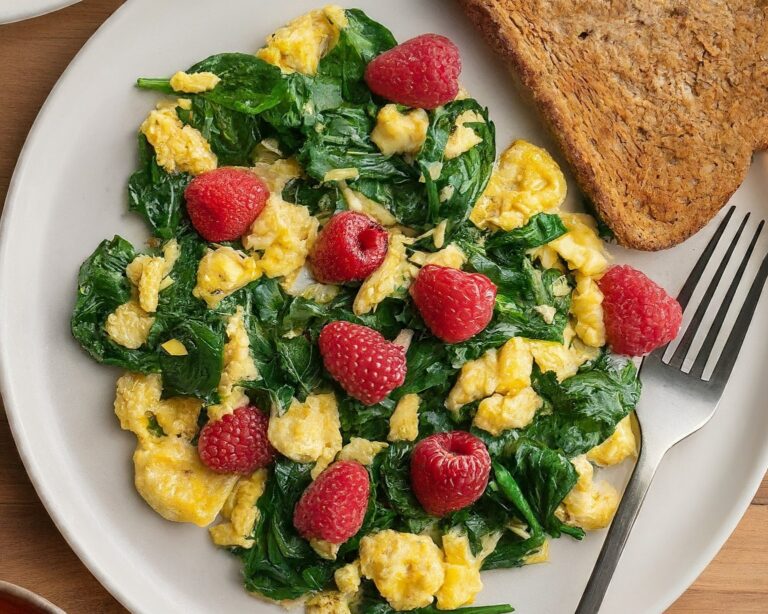 A close-up photo of a plate filled with a fluffy yellow egg scramble with green spinach leaves and red raspberries scattered throughout. A slice of toasted whole-grain bread is on the side, with a fork resting on the plate.