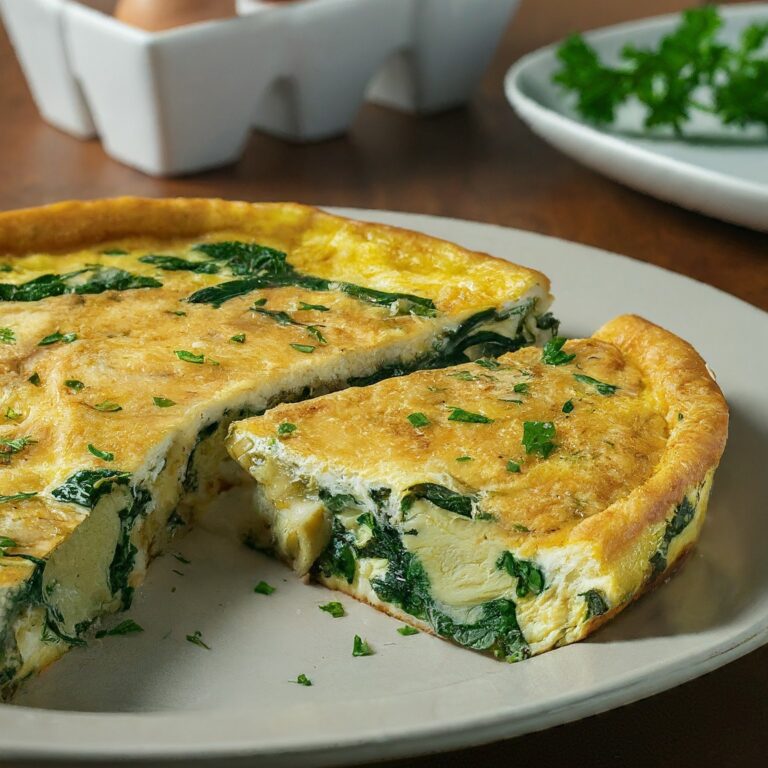 A close-up photo of a sliced Spinach and Artichoke Frittata. The frittata is golden brown on top and has visible layers of green spinach, chopped artichoke hearts, and melted cheese. A wedge of the frittata is cut and slightly pulled away, revealing the fluffy yellow egg texture. A fresh green sprig of parsley rests beside the plate on a white tablecloth.