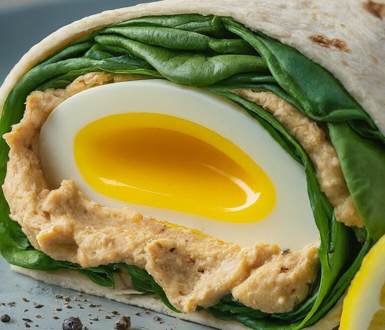 A close-up photo of a halved Spinach and Lemon Hummus Egg Wrap. The interior reveals fluffy yellow egg, a spread of creamy hummus, and fresh green spinach leaves. A lemon wedge and black pepper flakes sit beside the wrap on a plate.