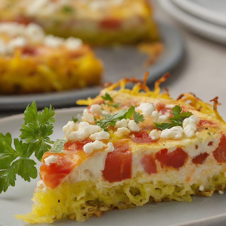 A close-up photo of a sliced Tomato & Feta Quiche with Spaghetti Squash Crust. The quiche is golden brown on top and visibly filled with red tomato chunks and white feta crumbles. A fresh sprig of parsley rests beside the slice, and the background shows a serving dish and other quiche slices.