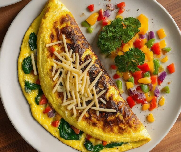 A close-up photo of a delicious vegetable omelet on a plate. The omelet is golden brown, folded, and filled with colorful chopped vegetables. Shredded cheese is melted on top, and a sprig of parsley adds a fresh touch.