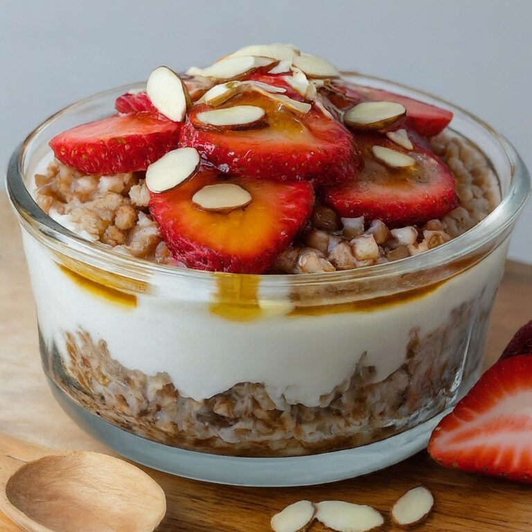 A close-up view of a glass bowl filled with a colorful and healthy breakfast. Layers of creamy yogurt, cooked buckwheat groats, sliced strawberries, and slivered almonds are visible. A drizzle of honey adds a touch of sweetness, and a wooden spoon rests beside the bowl for easy serving