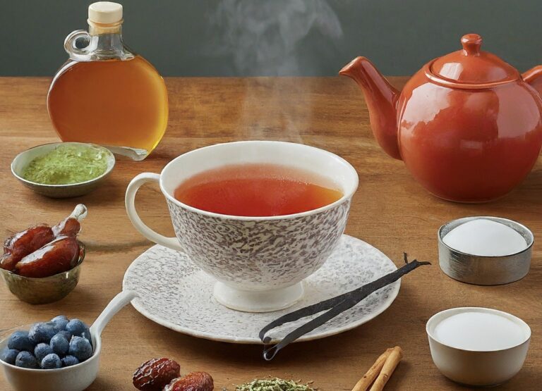 Imagine of a beautiful ceramic teacup overflowing with a steaming cup of tea. Around the teacup, scatter a variety of colorful ingredients representing the different sugar alternatives - a sprinkle of stevia leaves, a small bottle of maple syrup, a cinnamon stick, a couple of dried dates, a vanilla bean, and perhaps a small bowl of colorful berries.