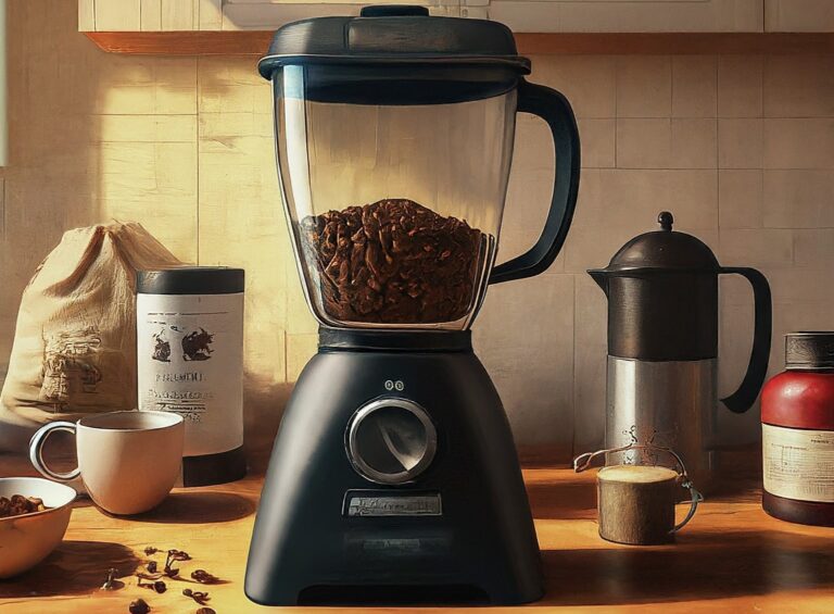 A vibrant and inviting scene depicting a modern kitchen countertop with a blender placed prominently in the center. Surrounding the blender are various elements suggestive of coffee preparation, such as a bag or jar of coffee beans, a measuring spoon or scale, a coffee mug or French press, and perhaps a steamy cup of freshly brewed coffee. The blender's lid is open, revealing whole coffee beans pouring into the container, while motion lines convey the action of grinding. Soft, warm lighting illuminates the scene, casting gentle shadows and adding a cozy ambiance. This image should capture the excitement and anticipation of grinding coffee beans at home, inviting viewers to explore the process further.