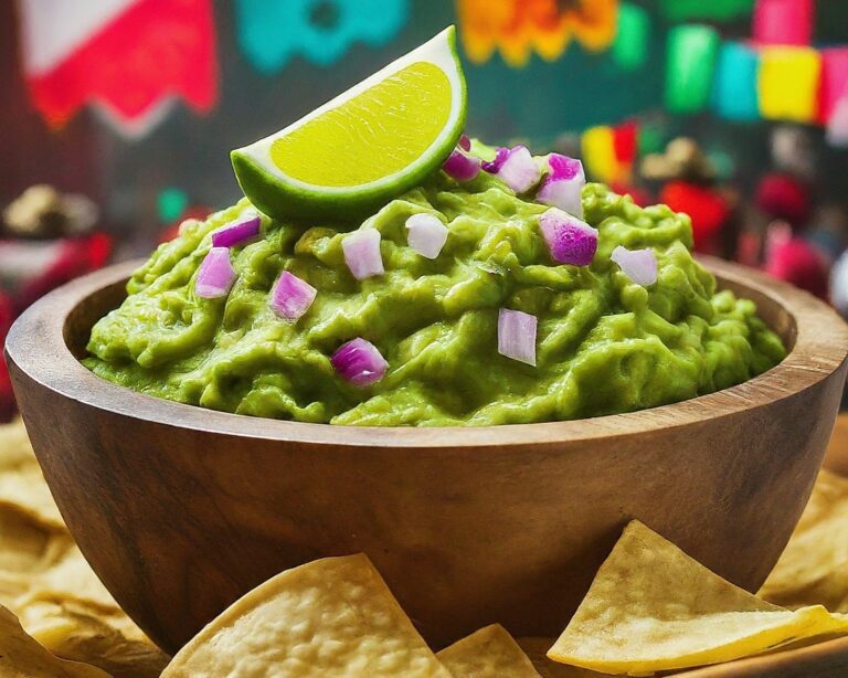 Close-up of rustic bowl filled with chunky guacamole, red onion, cilantro, and lime wedge. Blurred Mexican fiesta scene in background."