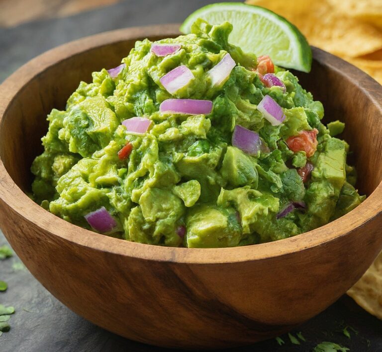 Close-up of rustic wooden bowl overflowing with chunky green guacamole. Chunks of ripe avocado, red onion, and cilantro with a lime wedge on the rim.