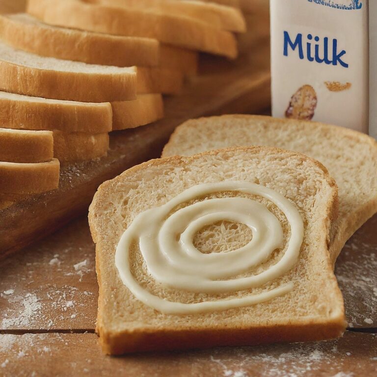 A close-up photo of two slices of wheat bread. One slice is plain wheat bread. The other slice has a bite taken out, revealing a surprising swirl of milk inside the crumb. A milk carton sits beside the bread slices on a wooden table, with a sprinkle of wheat flour dusting the surface.