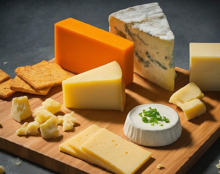 A visually appealing collage featuring a variety of cheeses such as Cheddar, Gruyere, Boursin, Provolone, and Asiago arranged artistically on a wooden cheese board or slate. This could serve as the main visual for your blog post