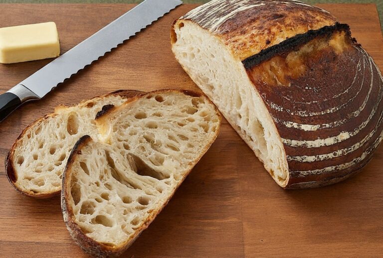 A split sourdough bread loaf on a wooden cutting board. The loaf boasts a thick, golden brown crust and a light, airy crumb with visible holes. A pat of yellow butter sits next to the bread, with a brown-handled knife resting on top.